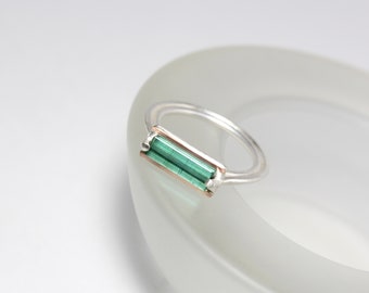 Raw Blue-Green Tourmaline Ring Architectural Silver 14K Rose Gold Design Minimalistic Rough Rectangle Gemstone Statement Band - Teal Tablet