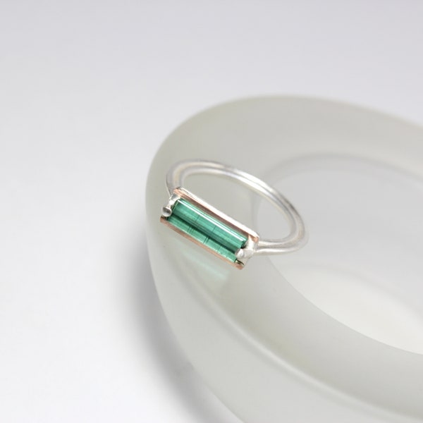 Raw Blue-Green Tourmaline Ring Architectural Silver 14K Rose Gold Design Minimalistic Rough Rectangle Gemstone Statement Band - Teal Tablet