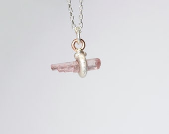 Tiny Pale Pink Raw Tourmaline Crystal Necklace Rustic Ragged Silver 14K Rose Gold Pendant Cute Rough Pastel Gemstone Pencil - Staggered Love