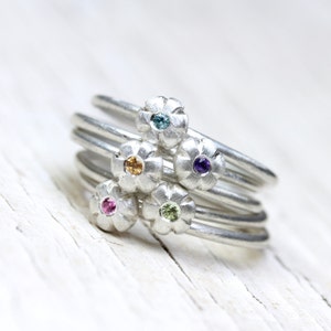 Boho Floral Gemstone Stacking Rings Silver Pink Sapphire Purple Amethyst Yellow Sapphire Blue Zircon Green Peridot Gift Her Sunset Bouquet image 1