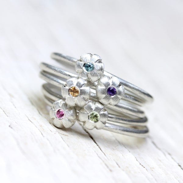 Boho Floral Gemstone Stacking Rings Silver Pink Sapphire Purple Amethyst Yellow Sapphire Blue Zircon Green Peridot Gift Her - Sunset Bouquet