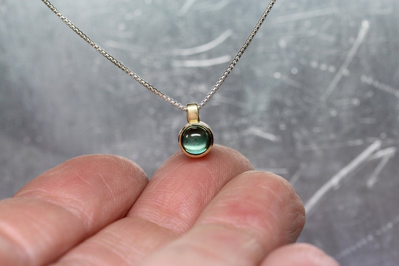 Pond Bubble Small Green Tourmaline 14K Yellow Gold Silver Necklace Round Underwater Cabochon Gemstone Brazil Delicate Bezel Gift Idea Her