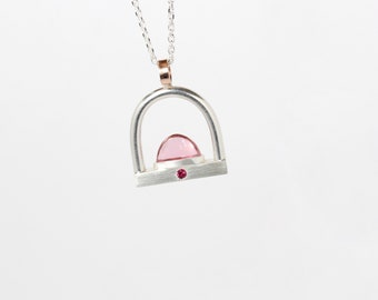 Unique Modern Pink Tourmaline Necklace Silver 14K Rose Gold Pendant with Tongue Shaped Cabochon Romantic Stirrup For Her - Love Stir(r)up