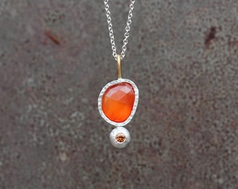 Orange Rose-Cut Carnelian Sapphire Necklace Silver 22K Yellow Gold Pendant Warm Bright Autumn Colors Fall Boho Gift Idea For Her - Karneol