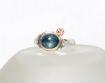 Denim Blue Aquamarine Statement Ring 14k Rose Gold Silver Rustic Floral Bright Textured Band Dark Steel Blue March Birthstone Her - Seerose