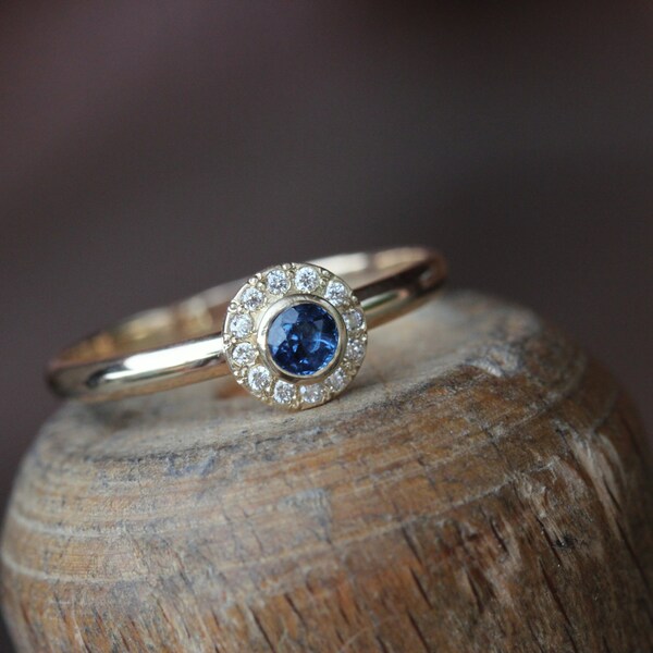 Delicate Vintage Inspired Engagement Ring Blue Sapphire Diamond Halo 14K Yellow Gold Romantic Unique - Baby Halo