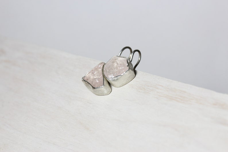 Raw Kunzite Earrings Mismatched Blush Pink Color Dangles Fresh Summer Accessory Silver Rough Gemstones Statement Gift Cotton Candy Cuddles image 8