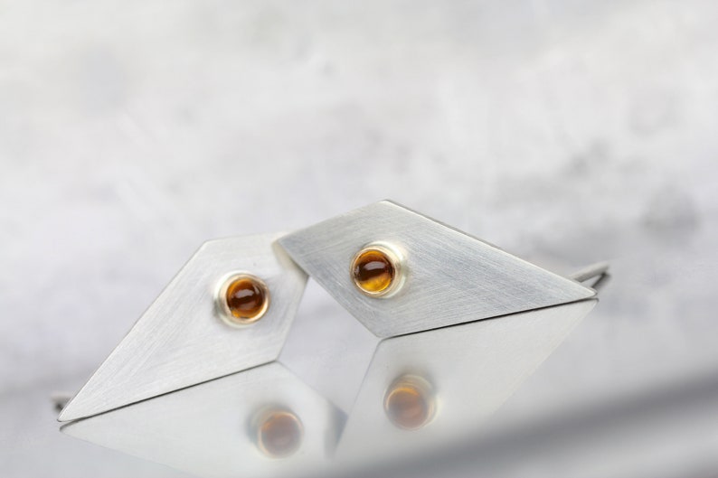 Geometric Citrine Stud Earrings Modern Silver Gold Long Triangle Tiny Golden Orange Gemstone Cabochons November Birthstone Modernist Glow image 2