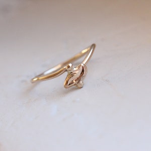 Art Deco Inspired Leaf Ring Delicate 14K Yellow Gold Small Abstract Leaflet Shape Handmade Design Autumn Gift Idea Promise Gilded Foliole image 6