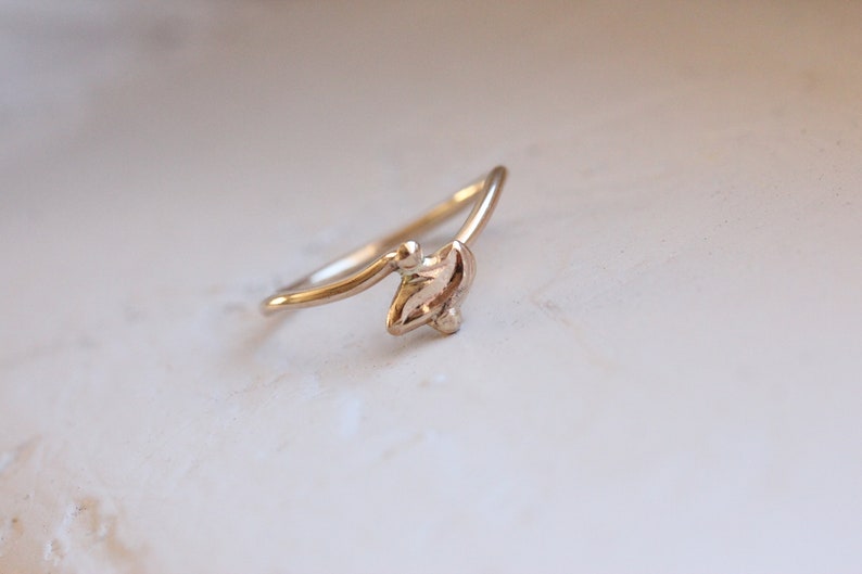 Art Deco Inspired Leaf Ring Delicate 14K Yellow Gold Small Abstract Leaflet Shape Handmade Design Autumn Gift Idea Promise Gilded Foliole image 6