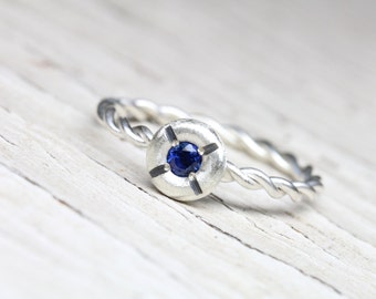 Nautical Navy Blue Sapphire Promise Ring Silver Twisted Rope Lifebuoy Romantic Boho Beach Summer September Birthstone Symbolic - Lifesaver