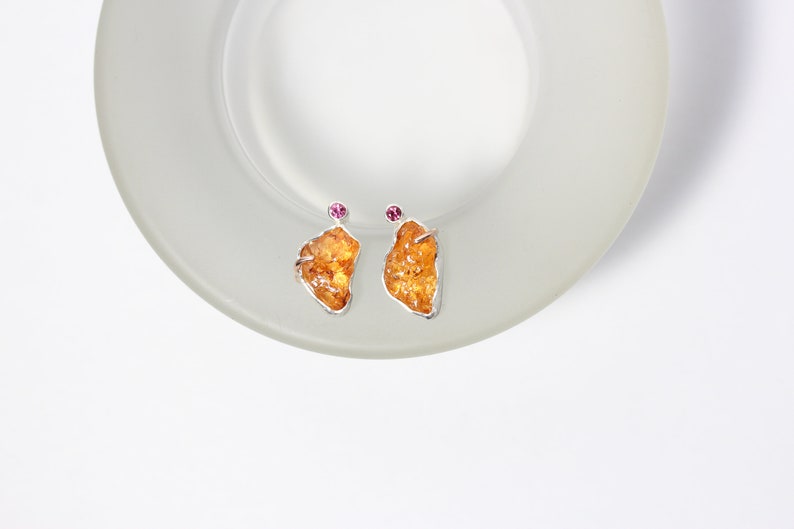 Raw Spessartite Garnet Tourmaline Stud Earrings Mismatched Rustic Rough Orange Pink Firefly Wings Silver 14K Rose Gold Her Feuerflügelchen image 5