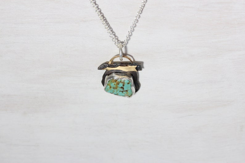 Rustic Raw Cerrillos Turquoise Necklace Silver 14K Yellow Gold Weathered Hiking Signpost Inspired December Birthstone Pendant Wegweiser image 6