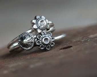 Antique Style Silver Flower Stacking Rings Delicate Primitive Rustic Oxidized Boho Embossed Floral Relief Design Spring Mother's Day - Flora