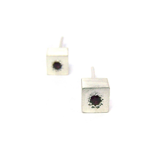 Silver Cube Shaped Ruby Stud Earrings - Ruby Cubes