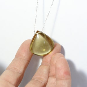 Large Olive Quartz Drop Necklace Simple Teardrop Bead on Long Silver Chain Pendant Layered Look Olive Oil Colored Gemstone Huile d'Olive image 8