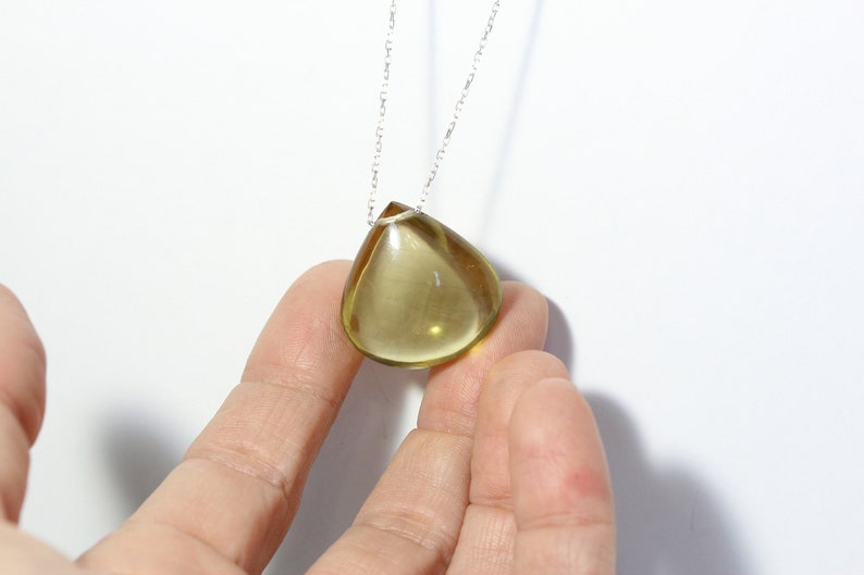 Large Olive Quartz Drop Necklace Simple Teardrop Bead on Long Silver Chain Pendant Layered Look Olive Oil Colored Gemstone Huile d'Olive image 8