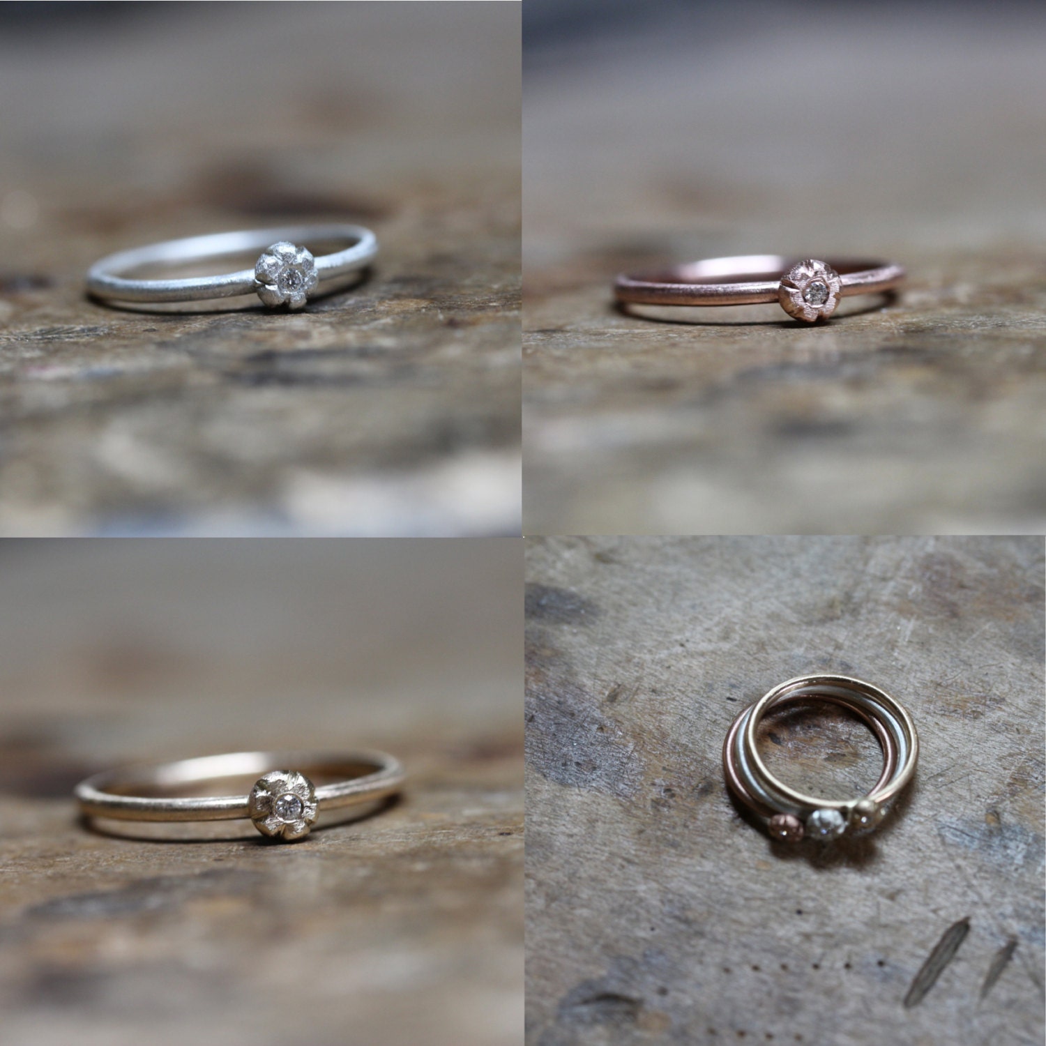 Cute Flower Diamond Stacking Rings Silver or 14K Yellow, White, Rose ...