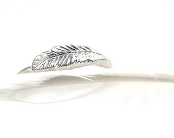 Delicate Sterling Silver Feather Ring White Winter Forest Woodland Subtle Soft Unique Handmade Cute Boho Bird Wing Band - Feather's Silver