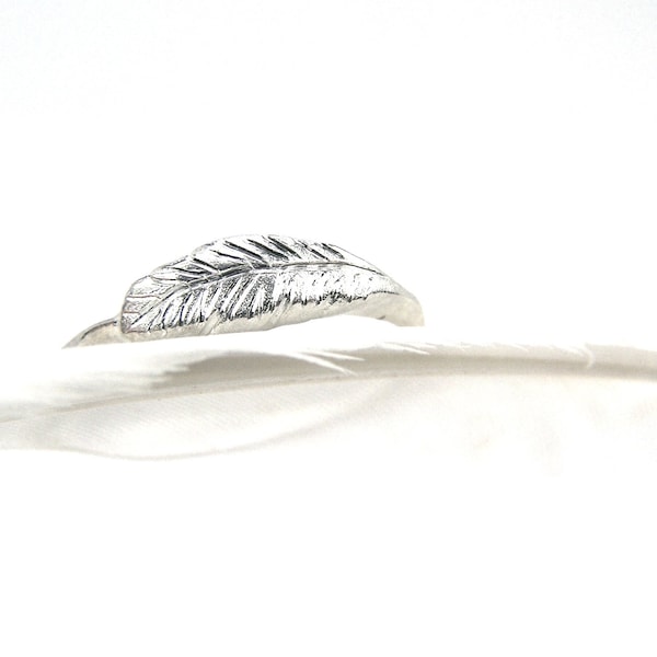 Delicate Sterling Silver Feather Ring White Winter Forest Woodland Subtle Soft Unique Handmade Cute Boho Bird Wing Band - Feather's Silver