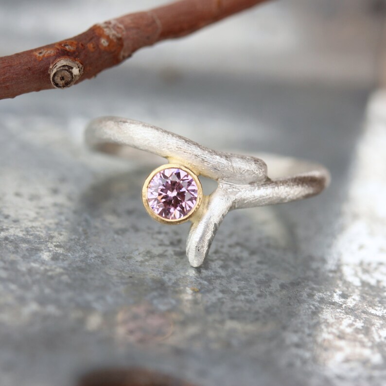 Rustic Modern Pink CZ Branch Engagement Ring Silver 18K Yellow Gold Minimalistic Candy Textured Twig Bridal Zen Romantic Square Branch image 2