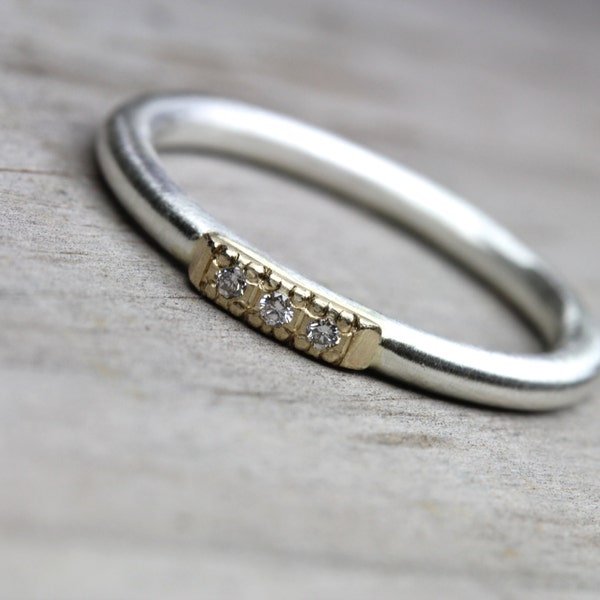 Vintage Inspired Wedding Band Tiny Diamonds 14k Yellow Gold Silver Delicate Boho Bridal Ring Her Mixed Metals 3 Sparkly Gemstones - Glow Row