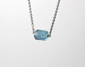 Simple Hexagon Aquamarine Necklace Geometric Medium Blue Barrel Bead Silver Chain Pendant Simple Elegant March Birthstone Gift - Frozen Hex