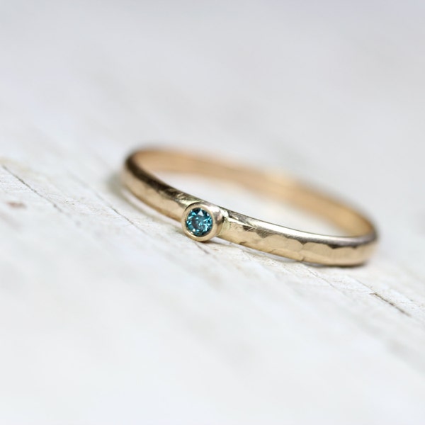 Tiny Teal Blue Diamond 14K Yellow Gold Ring Hammered Texture Narrow Delicate Lightweight Stacking Band Simple Boho Round Bezel - Royal Dot