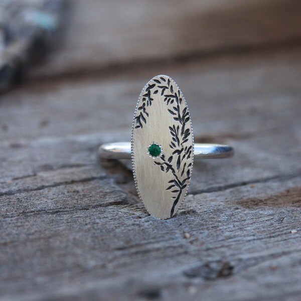 Romantic Oval Emerald Vine Silver Ring Woodland - Fairy Vine