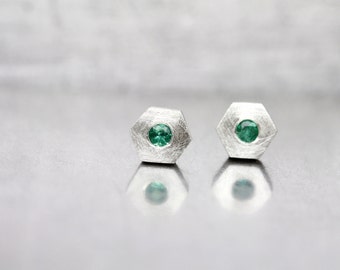 Cute Hexagon Emerald Stud Earrings May Birthstone Sterling Silver Minimalistic Genuine Green Gemstones Gift Idea For Her - Beryl Hexes