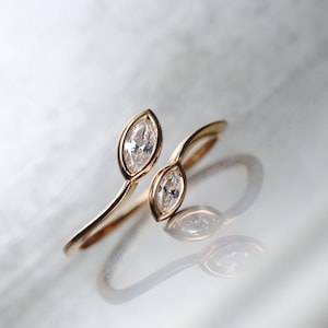 Delicate Dual Marquise Diamond Leaf Wedding Ring 14K Rose Gold Double Brilliant White Gemstone Bridal Woodland Design For Her - Elven Branch