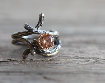 Branch Engagement Wedding Ring Set Silver 14K Yellow Gold CZ Peach Colored Sparkly Rustic Tree Twig Bridal - Sparkle Bark and Shadow Bark