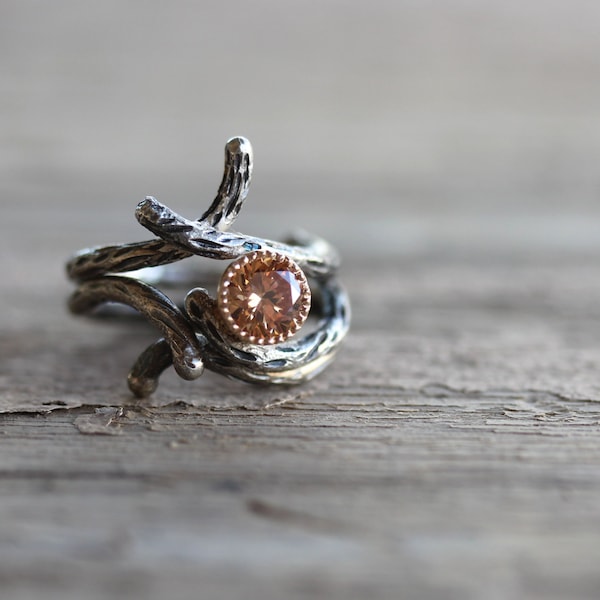 Branch Engagement Wedding Ring Set Silver 14K Yellow Gold CZ Peach Colored Sparkly Rustic Tree Twig Bridal - Sparkle Bark and Shadow Bark