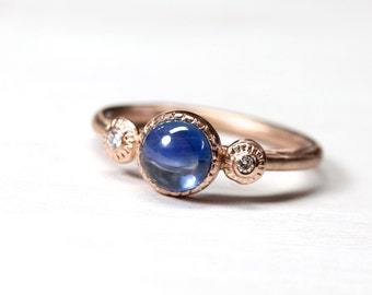 Elegant Blue Sapphire Diamond Engagement Ring 14K Rose Gold 3 Stone Bridal Band Cabochon Beaded Boho September Birthstone - Royal Rondelle