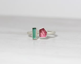 Rough Blue-Green and Pink Tourmaline Silver Ring Abstract House and Tree Design Raw Teal and Rose Gemstone Geometric Treehouse - Baumhaus