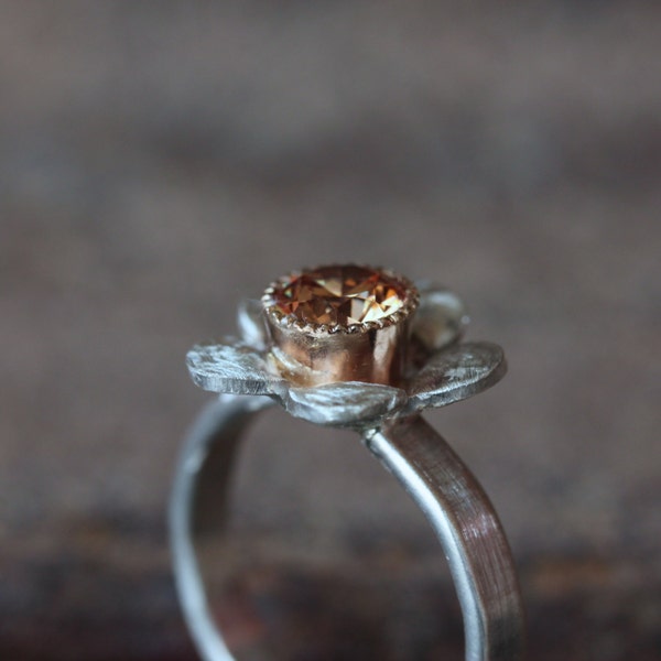 Flor anillo plata CZ oro amarillo rústico - flor del melocotón