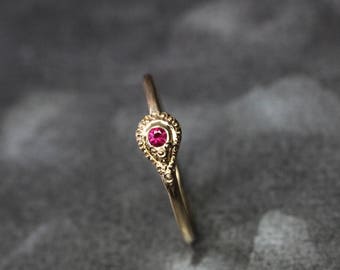 Tiny Red Ruby 14K and 22k Yellow Gold India Inspired Snake Ring Ornate Beaded Detail Warm Colors Delicate July Birthstone Band - Lil Cobra
