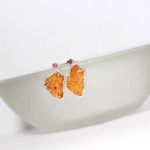 Raw Spessartite Garnet Tourmaline Stud Earrings Mismatched Rustic Rough Orange Pink Firefly Wings Silver 14K Rose Gold Her Feuerflügelchen image 1