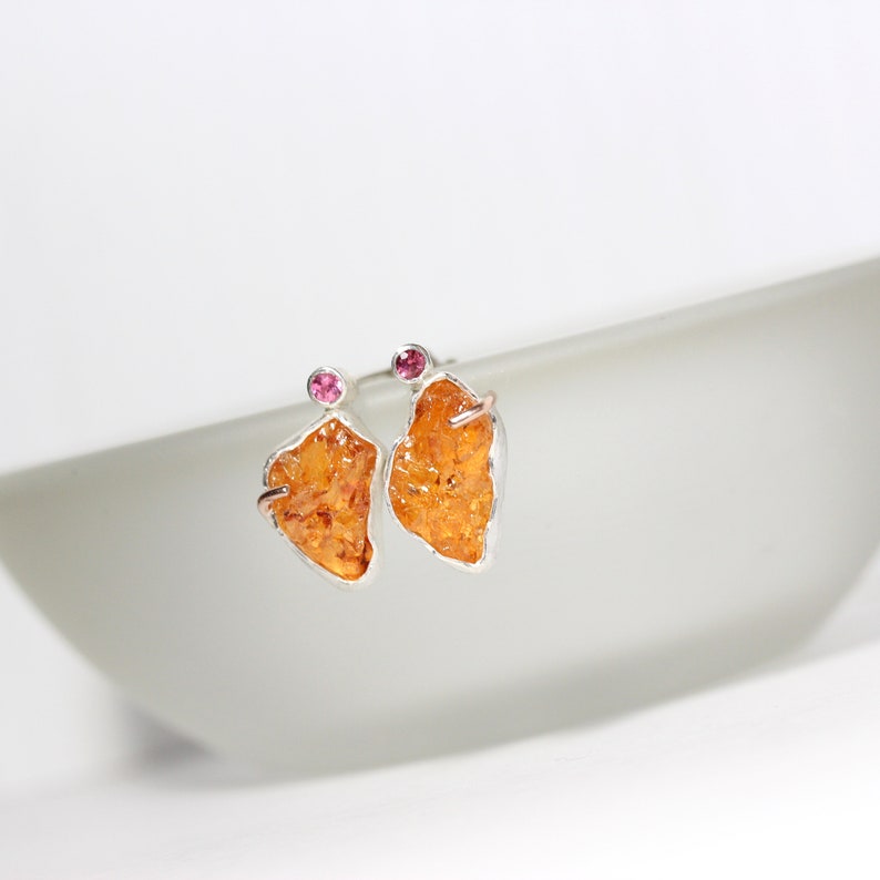 Raw Spessartite Garnet Tourmaline Stud Earrings Mismatched Rustic Rough Orange Pink Firefly Wings Silver 14K Rose Gold Her Feuerflügelchen image 1