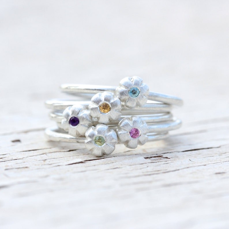 Boho Floral Gemstone Stacking Rings Silver Pink Sapphire Purple Amethyst Yellow Sapphire Blue Zircon Green Peridot Gift Her Sunset Bouquet image 4