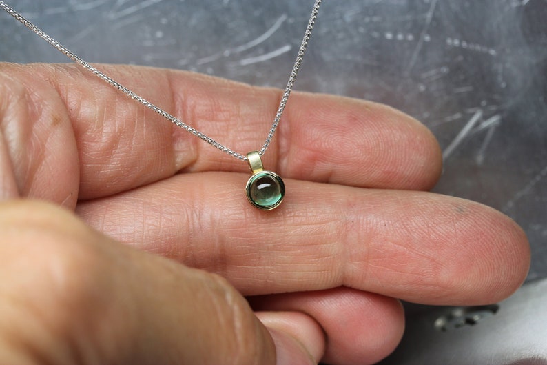 Pond Bubble Small Green Tourmaline 14K Yellow Gold Silver Necklace Round Underwater Cabochon Gemstone Brazil Delicate Bezel Gift Idea Her