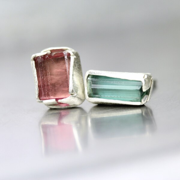 Rough Mismatched Tourmaline Stud Earrings Sterling Silver Folded Bezel Blue Green Pink Modern Minimalistic - Watermelon Split