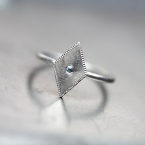 Delicate Geometric Aquamarine Silver Ring Blue March Birthstone Gift Idea Modern Kite Rhombus Design Minimalistic Stacking - Water Diamond