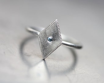 Delicate Geometric Aquamarine Silver Ring Blue March Birthstone Gift Idea Modern Kite Rhombus Design Minimalistic Stacking - Water Diamond