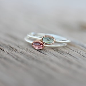 Tiny Tourmaline 14K Rose Gold Silver Ring Pink or Blue-Green Bi-Color Gemstone Brazil Watermelon Stackable Band Cute Colorful Boho - Tsamma