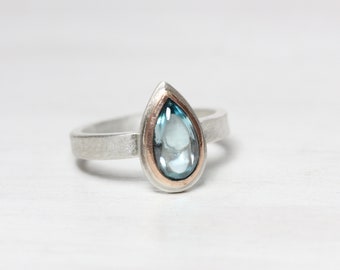 Modern Muted Blue Zircon Silver Rose Gold Ring Pear Cabochon Pale Steel 14K Pink Bezel Subtle Pastel Colors Gift Idea For Her - Sky Tear