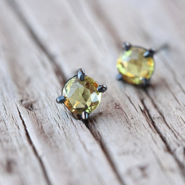 Rose Cut Yellow Sapphire Stud Earrings Silver Black - Honey Dots