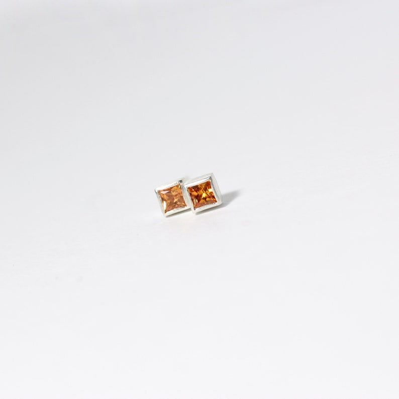 Tiny Square Orange Sapphire Stud Earrings Simple Mini Accessories September Birthstone Cute Glowing Princess Cut Bezel Gemstone Fire Boxes image 1