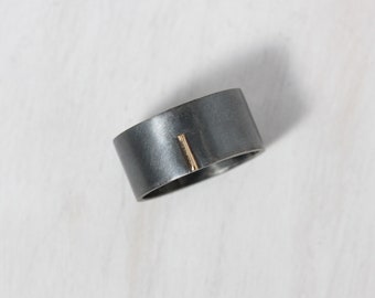 SNEAKY SURPRISE - Wide Black Silver Ring with 14K Yellow Gold Bar Accent Minimalistic Unisex Wedding Band - Zen Man