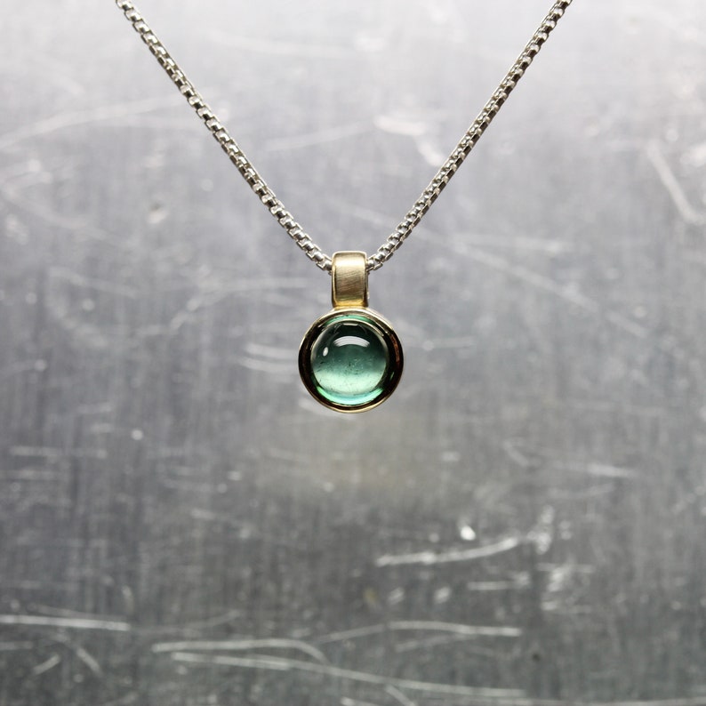 Pond Bubble Small Green Tourmaline 14K Yellow Gold Silver Necklace Round Underwater Cabochon Gemstone Brazil Delicate Bezel Gift Idea Her